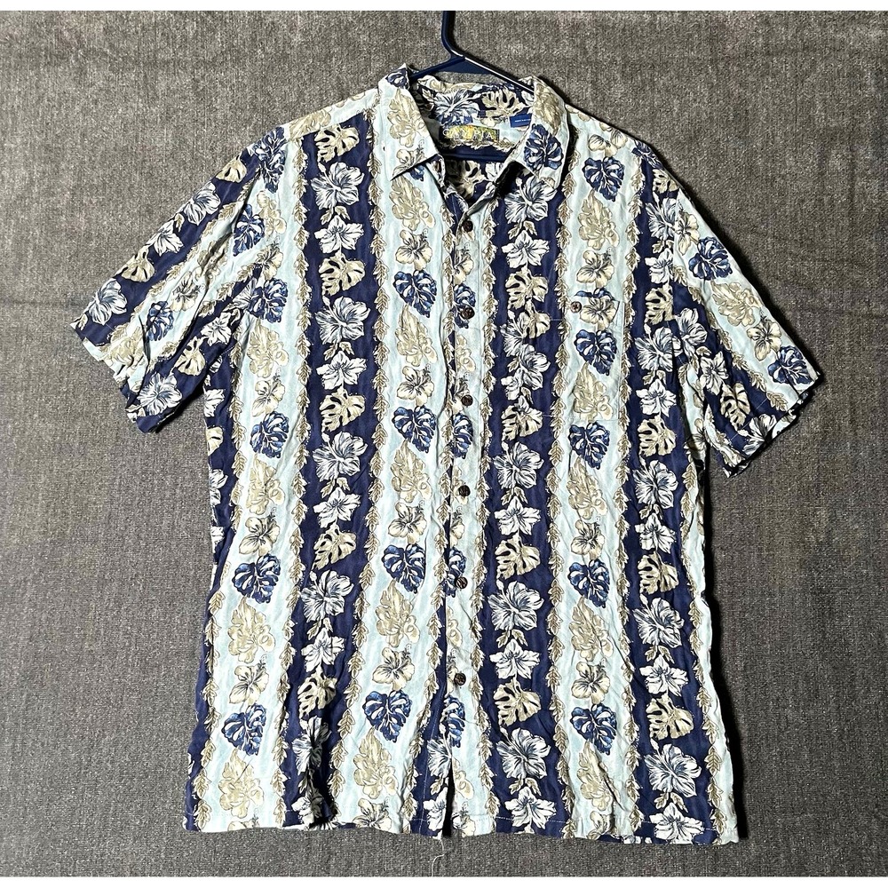 Campia Mens L Hawaiian Floral Short Sleeve Button Up Rayon Shirt Pocket Blue